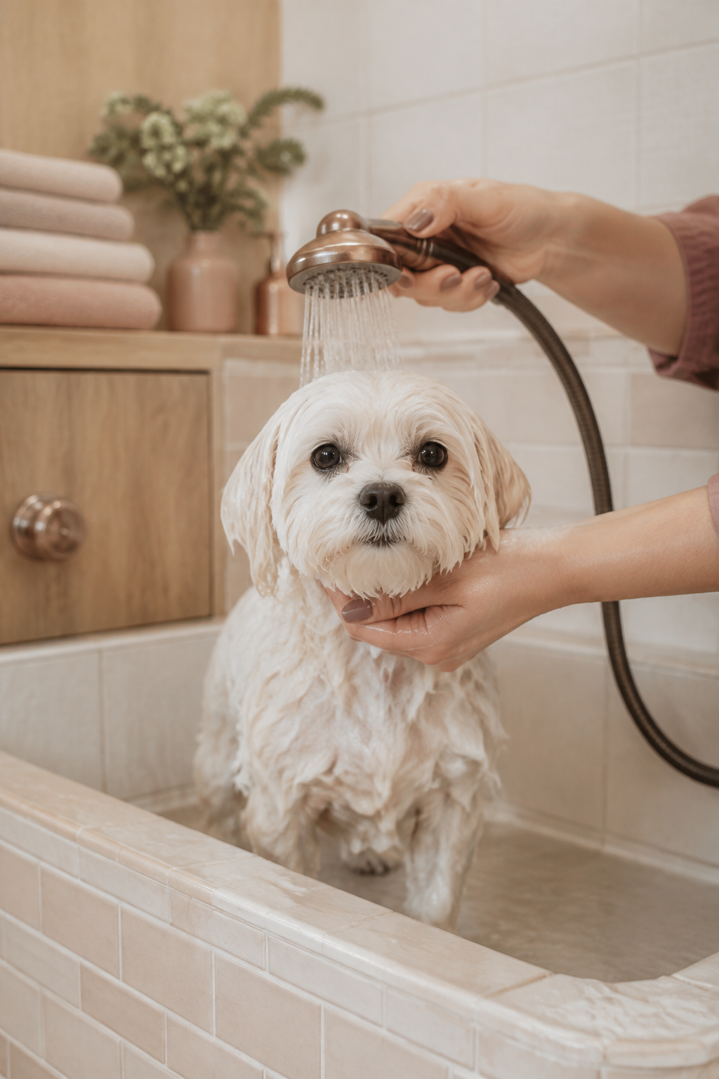 Pet spa küvetinde nazikçe yıkanan küçük köpek