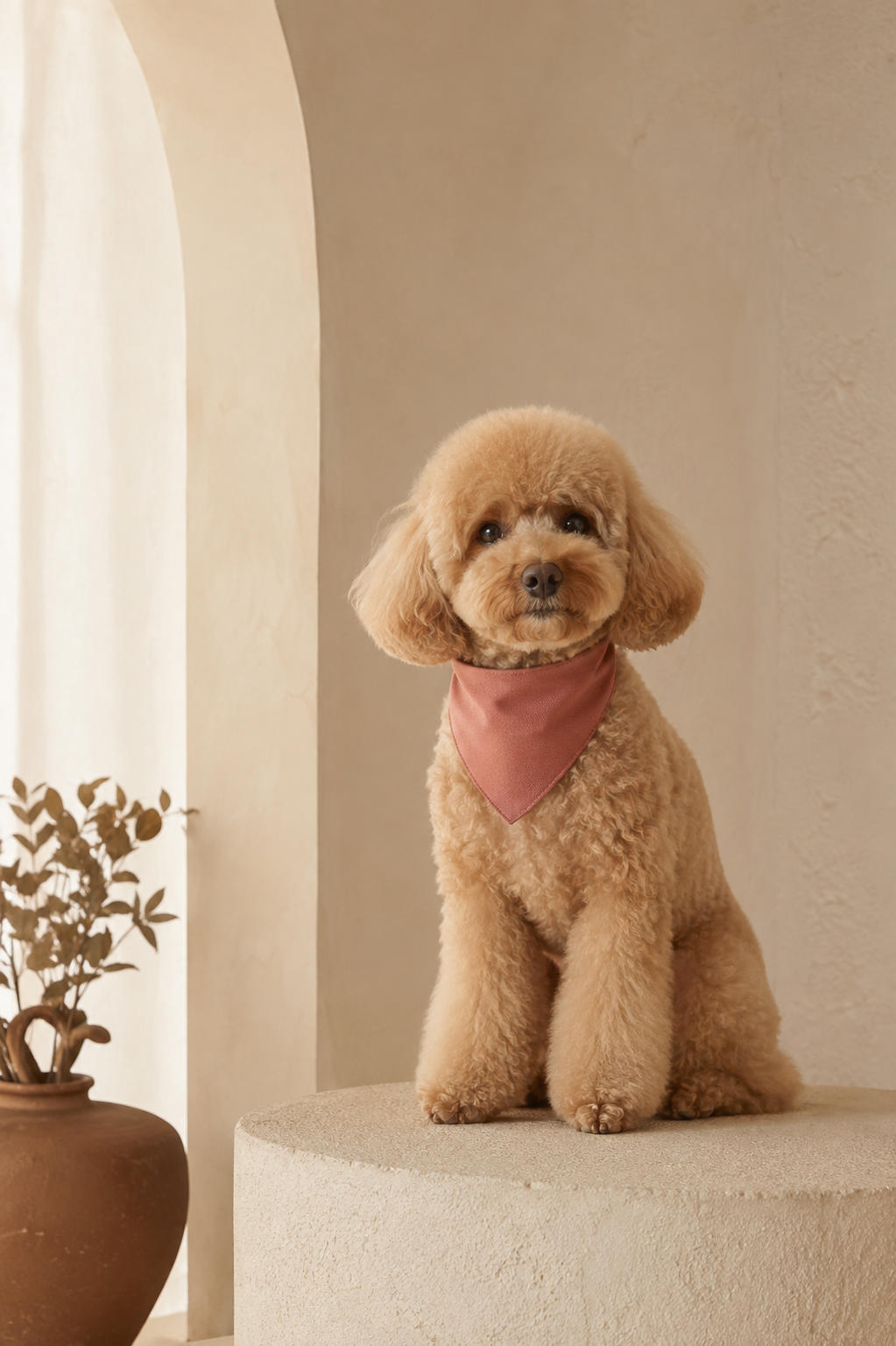 Bakımı tamamlanmış, pudra tonlu bandana takan küçük köpek
